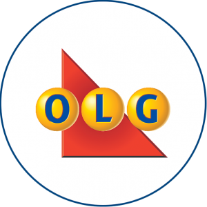 OLG logo, which consists of “O”, “L”, “G” on three separate gold balls, on a red triangle background.