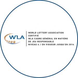 World Lottery Association logo with text that reads “World Lottery Association certified WLA Responsible Gambling Framework Level 4/ Valid Until 2020”.