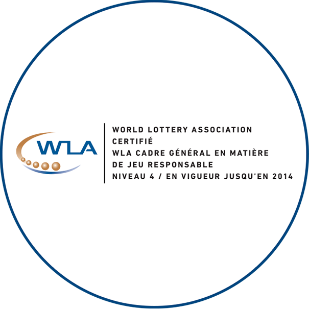 Logo de la World Lottery Association sur lequel est indiqué « World Lottery Association certifié - WLA cadre général en matière de jeu responsable - Niveau 4 / En vigueur jusqu’en 2020 ».