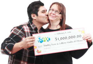 Man kissing woman on the cheek and holding a cheque for one million dollars
