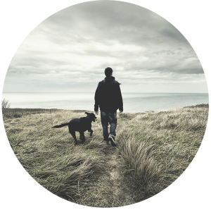 Man and dog in grassy field