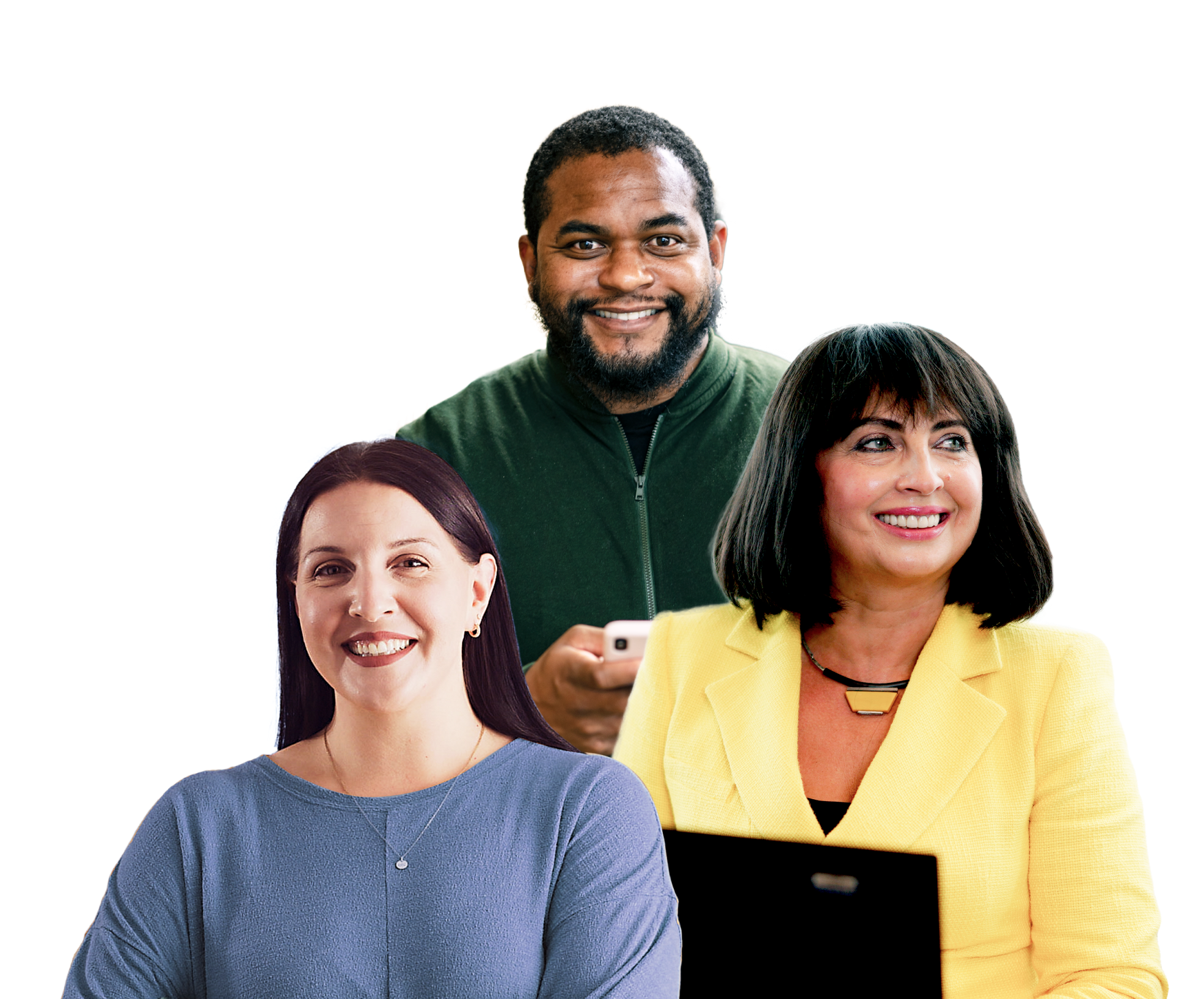 Three OLG employees set on a red background