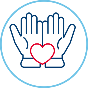 Blue outline of open hands holding a pink heart