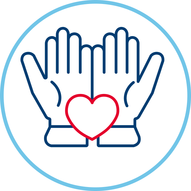 Blue outline of open hands holding a pink heart
