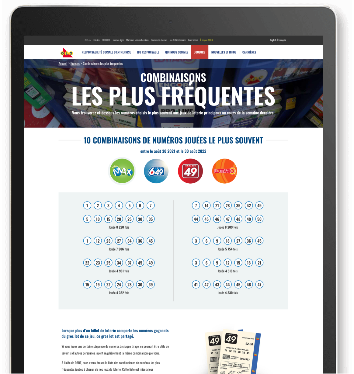 Tablette portable présentant le site À propos d'OLG, avec les 10 combinaisons de numéros jouées le plus souvent et des sections Lotto Max, 6/49, Lottario.
