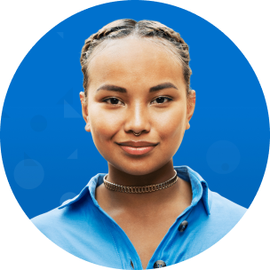 Profile photo of a person smiling on a blue background.