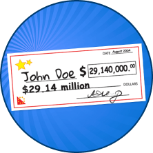 Illustration of a cheque addressed to John Doe for $29.14 million.
