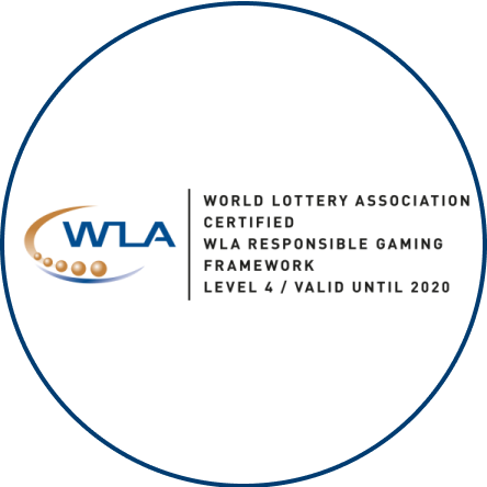 World Lottery Association logo with text that reads “World Lottery Association certified WLA Responsible Gambling Framework Level 4/ Valid Until 2020”.