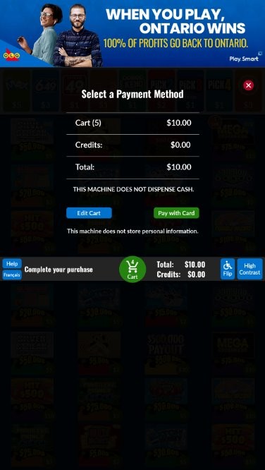 Self-Serve Lottery Terminal Screen Select Payment Method