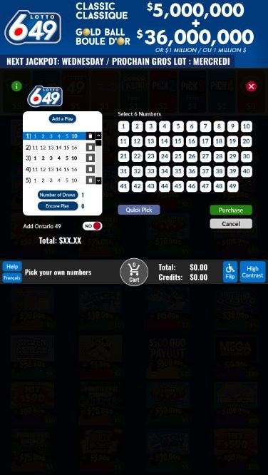 Self-Serve Lottery Terminal Screen - Select Your Own Numbers